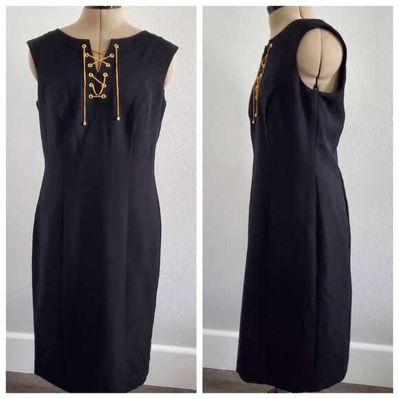 NWT Ellen Tracy Women's Sheath Dress Size 6 Black Sleeveless Lace-Up Gold Chain - Picture 1 of 9